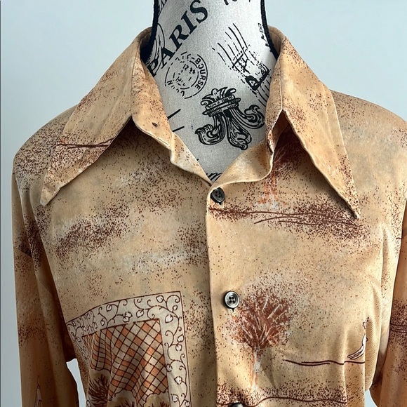 Vintage 70s Golden Pastoral Satin Shirt — Baroque Dog Print - Picture 6 of 7